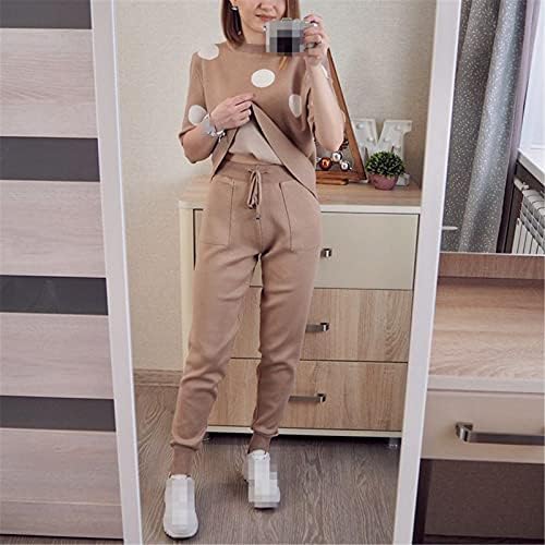Bahar Polka Dot Baskılı 2 Parça Set Kadın Kısa Kollu Örme Kazak Üst + Pantolon Takım Elbise Yaz Eşofman